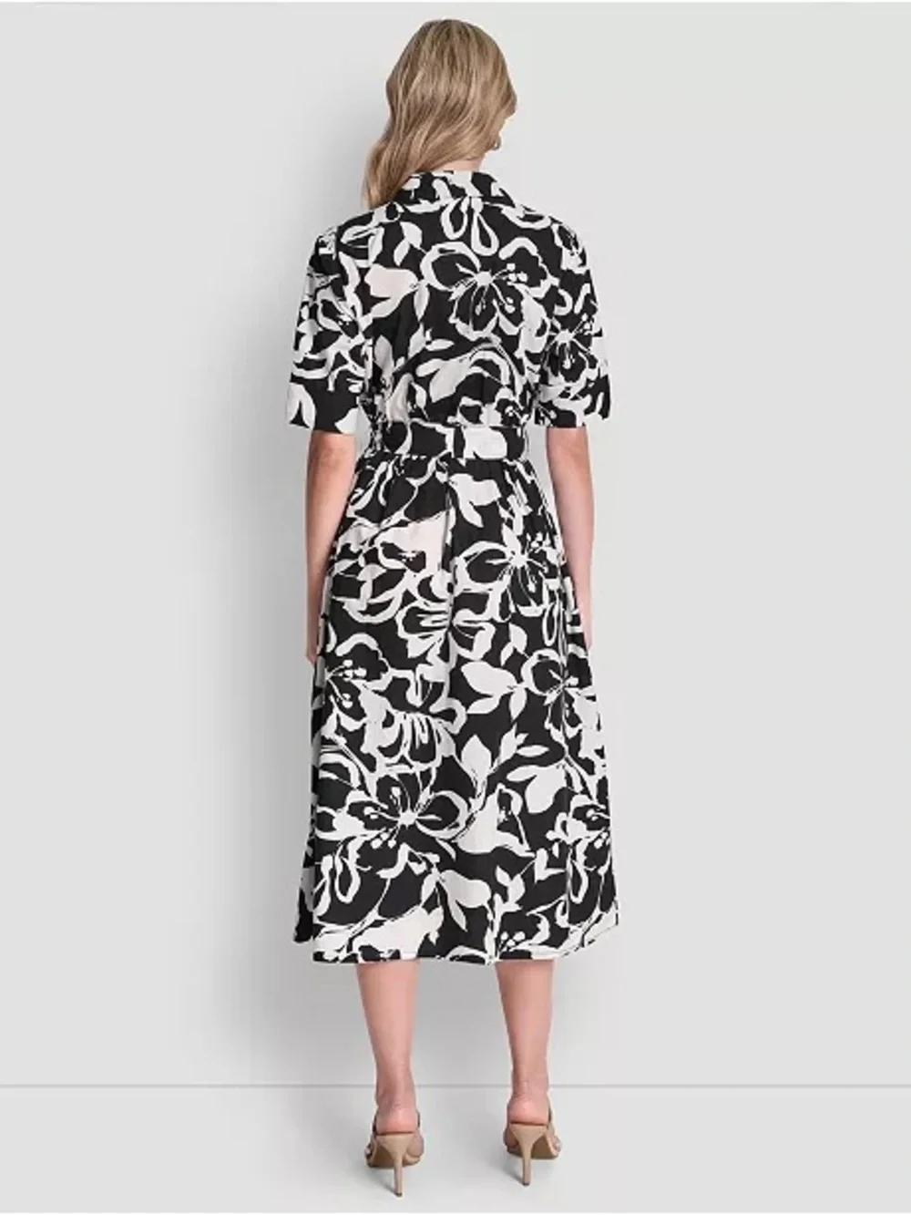 DKNY Elbow Sleeve Collared Neck Button-Front Belted Floral Midi Shirt dress